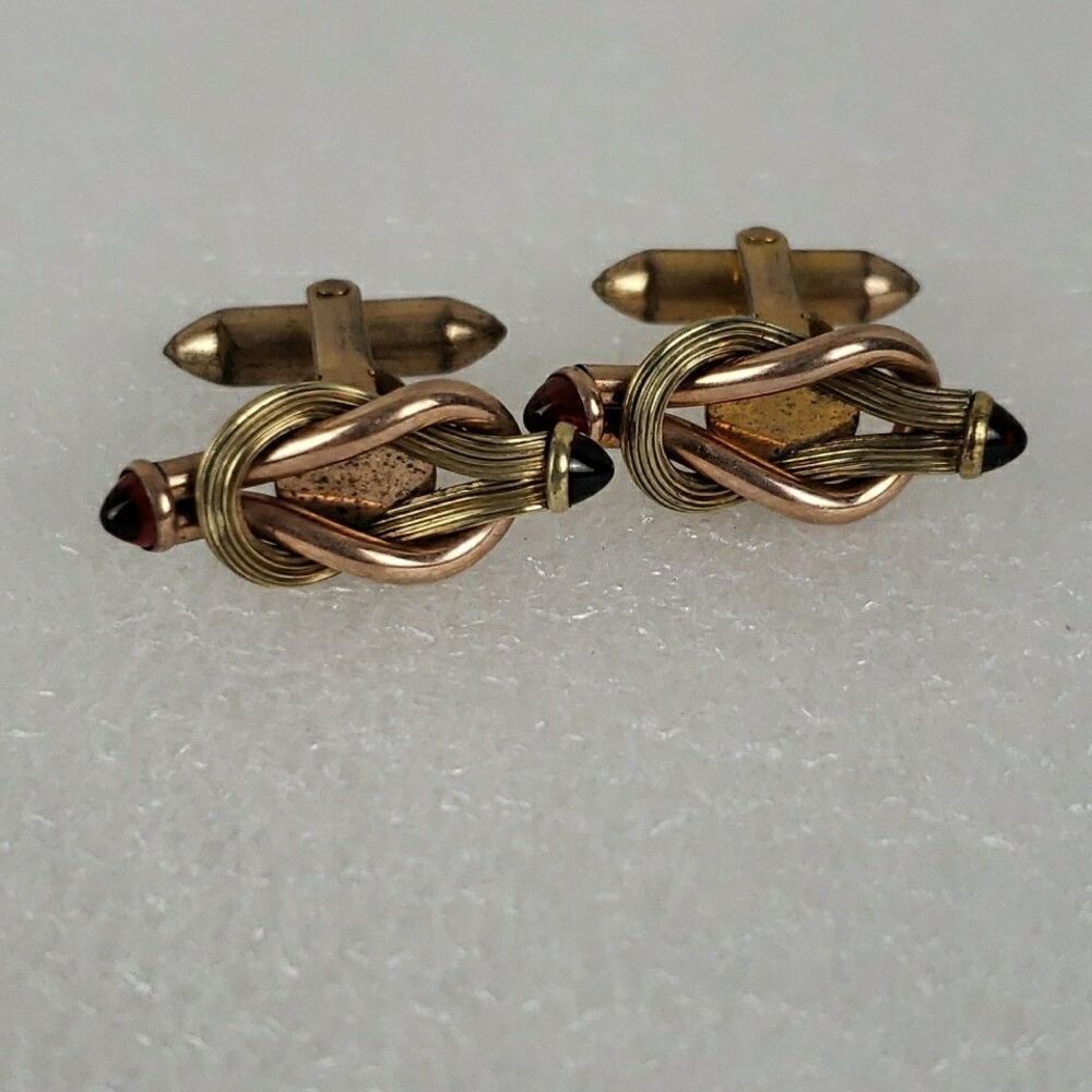 Swank Red Cabochon Knot Cufflinks Gold Tone VTG